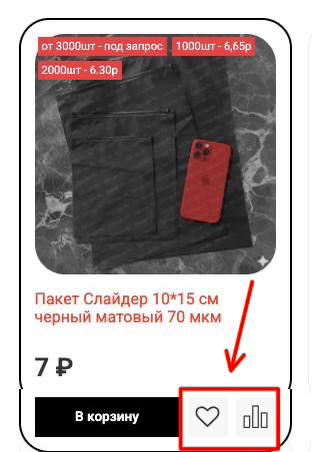 Кнопки добавления товара в избранное и сравнение