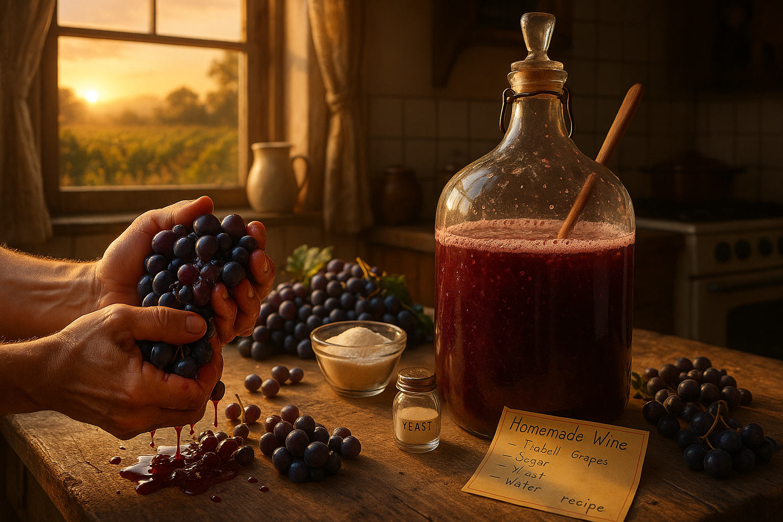 Процесс приготовления домашнего вина из темного винограда Изабелла в стеклянных банках с марлей для брожения