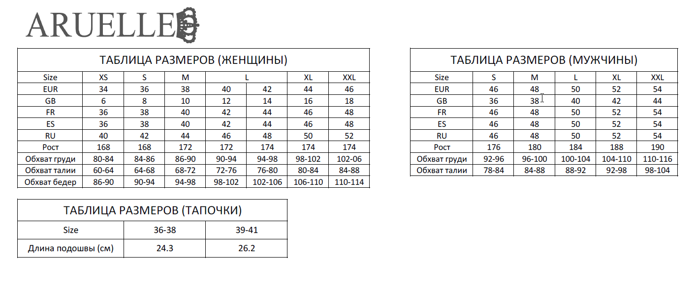 Таблица размеров ARUELLE