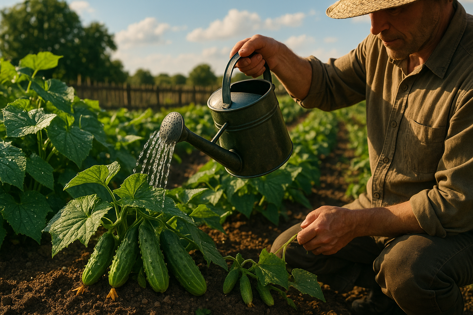 Полив огурцов в открытом грунте утром — здоровые зеленые кусты огурцов на грядке