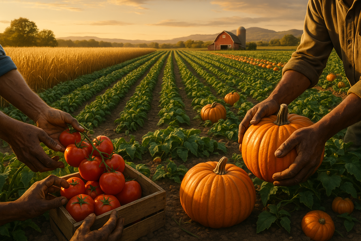 Поле с сельскохозяйственной техникой во время сбора урожая в 2025 году