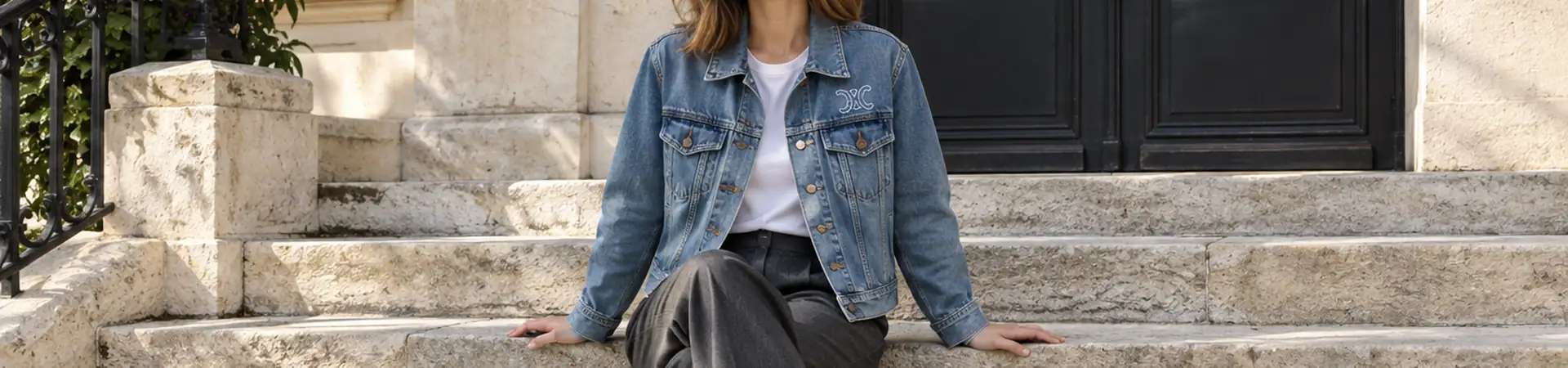 Джинсовая куртка синяя от Celine Trucker Jacket in Dark Union Wash Denim BP5-269691 в lifestyle-сцене к статье «Что надеть под джинсовку с надписью на спине»