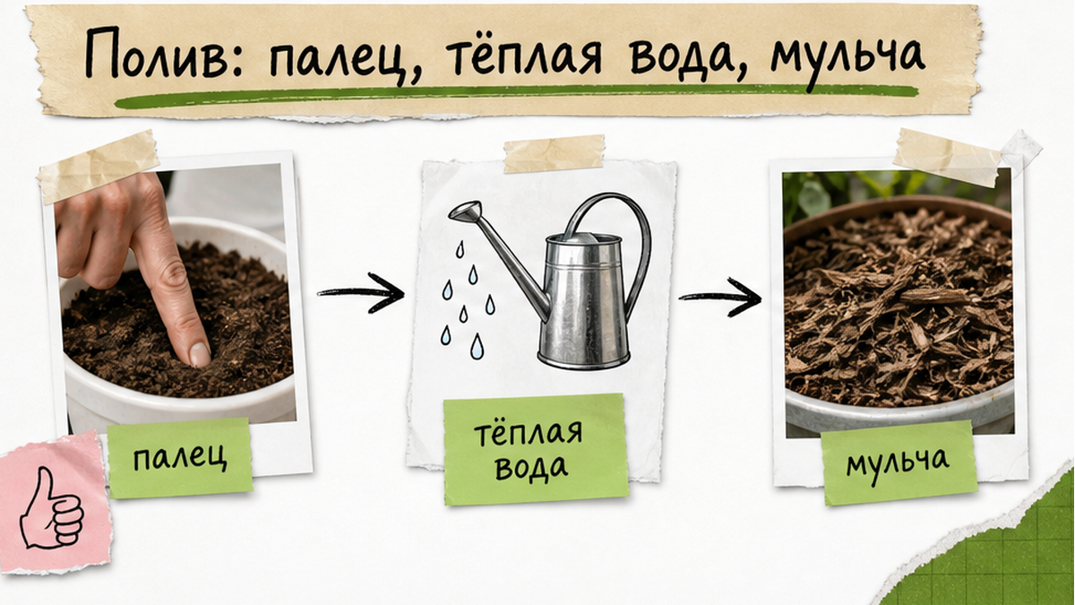 Схема полива перца: палец, тёплая вода, мульча