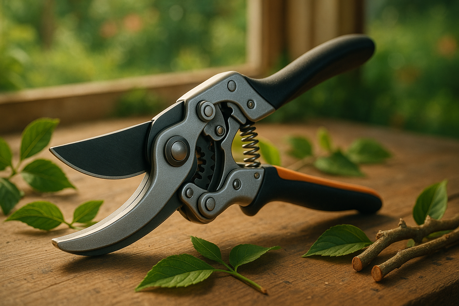 Секатор с храповым механизмом на фоне веток, демонстрирующий удобство и эффективность использования при обрезке деревьев