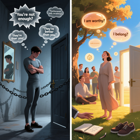 <img src="self-consciousness-to-acceptance-journey.jpg" alt="Illustration of journey from self-consciousness about appearance to self-acceptance through psychological healing and self-compassion">