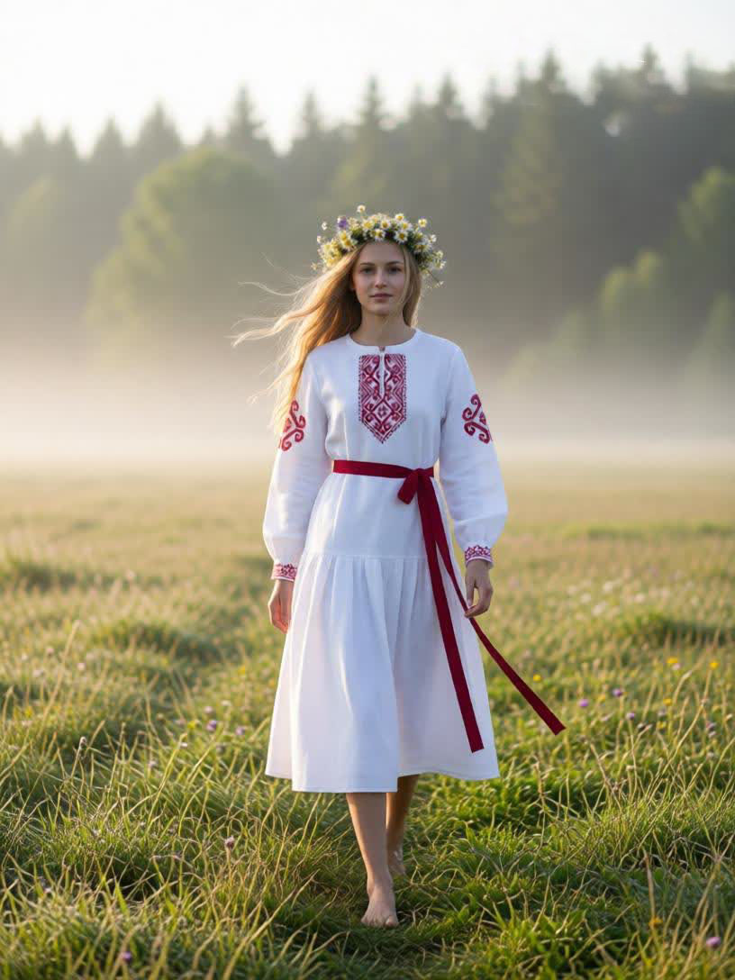 Славяночка. Платье льняное, белое в этностиле с вышивкой PL-422609 Славяночка. Платье льняное, белое в этностиле с вышивкой PL-422609