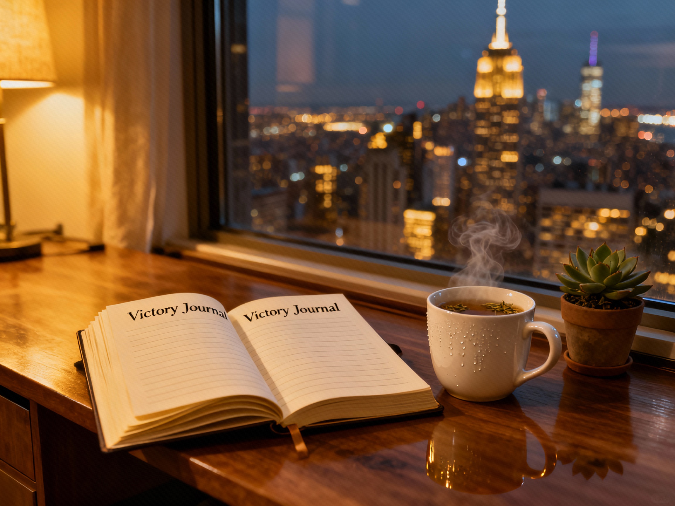 victory-journal-nightnyc <img src="victory-journal-nightnyc.jpg" alt="Open Victory Journal with New York City night skyline and tea">