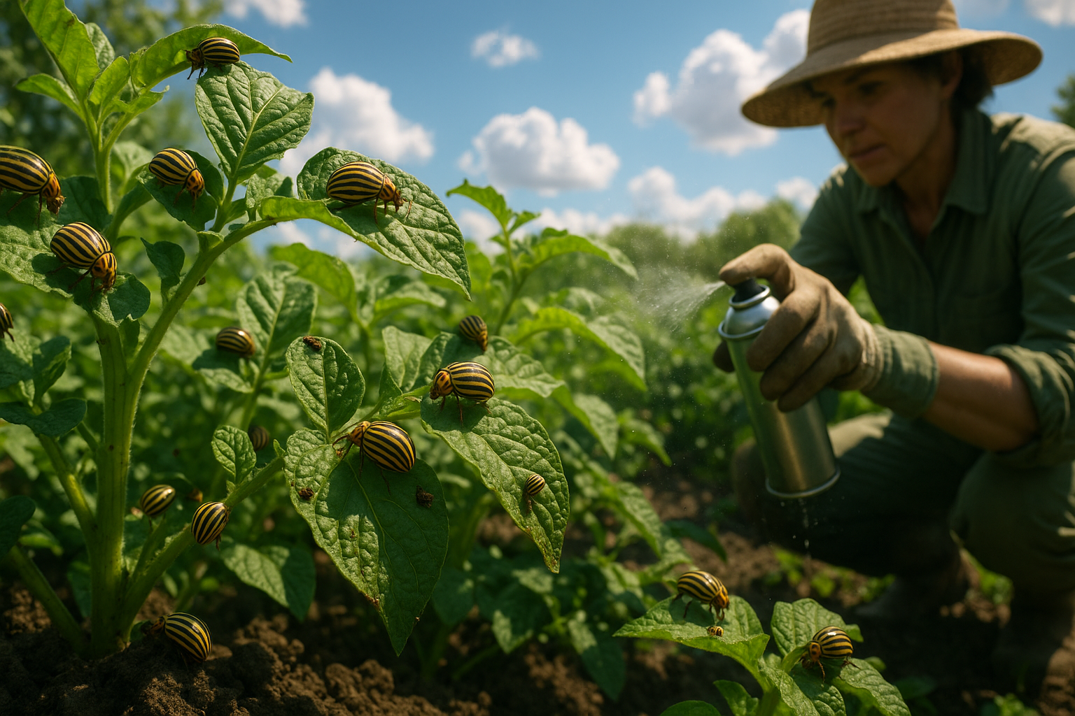 Колорадский жук на листе картофеля