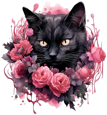 Принт Черный кот и розы
