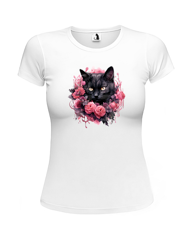 Футболка женская Черный кот и розы приталенная