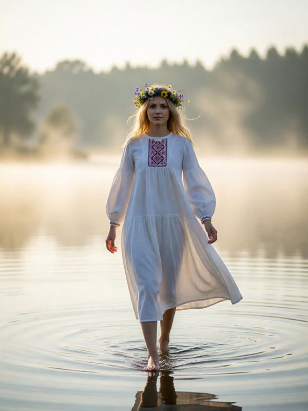 Просковья. Платье льняное, белое в этностиле с вышивкой PL-422622
