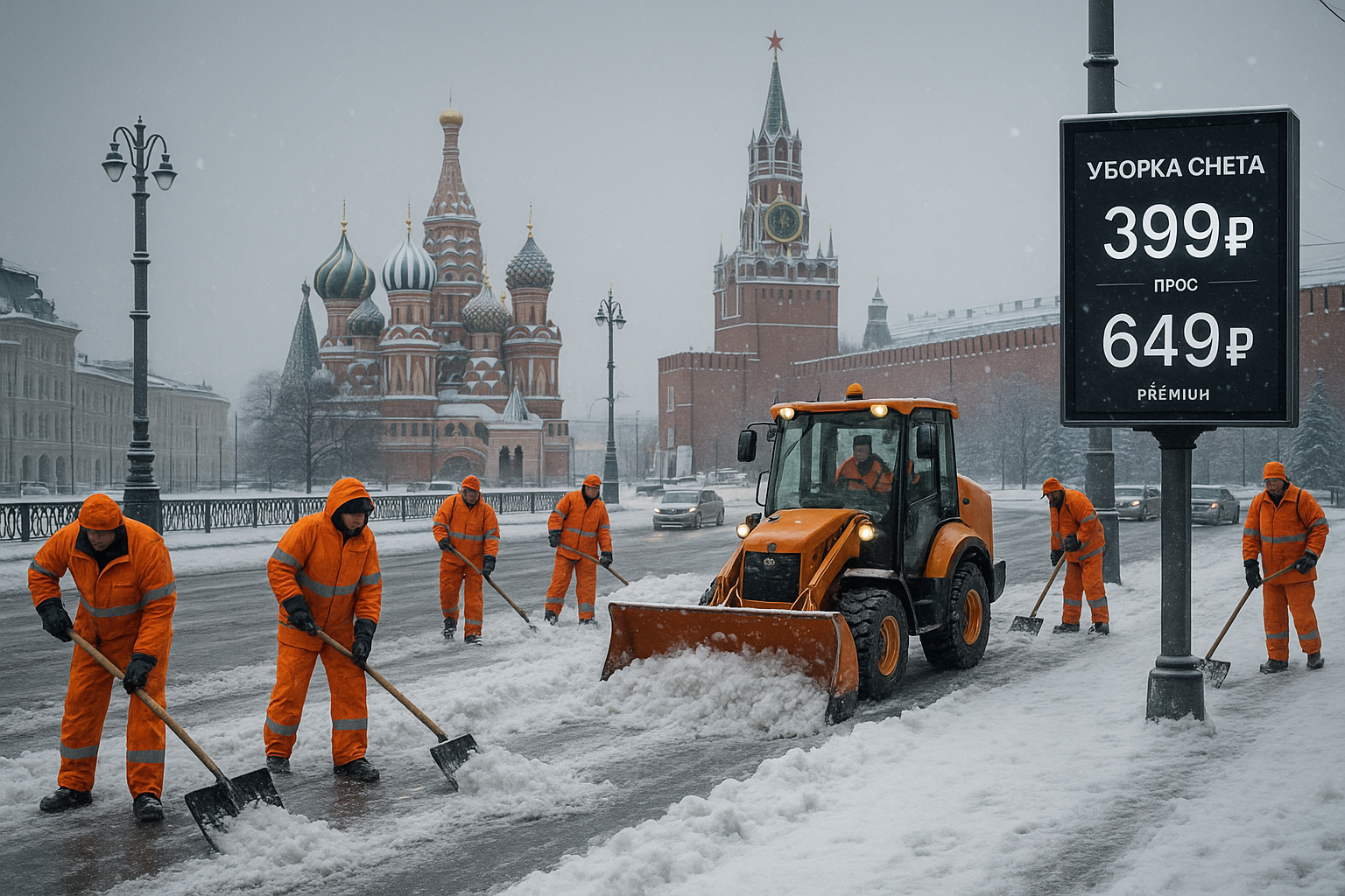 Лопата для уборки снега с пластиковым ковшом и металлическим черенком на фоне снега в Москве