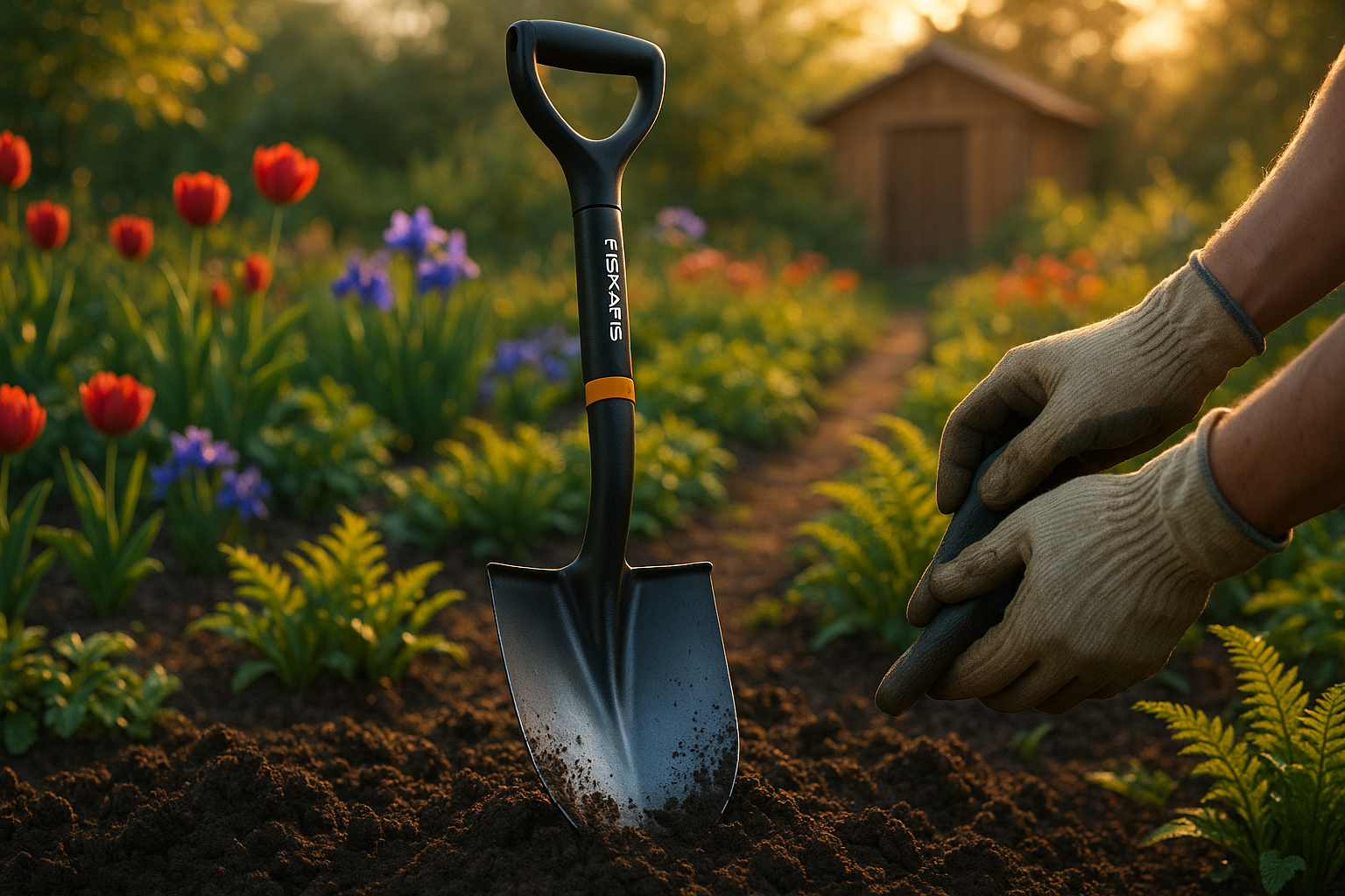 Титановая садовая лопата с алюминиевым черенком на фоне огородного участка