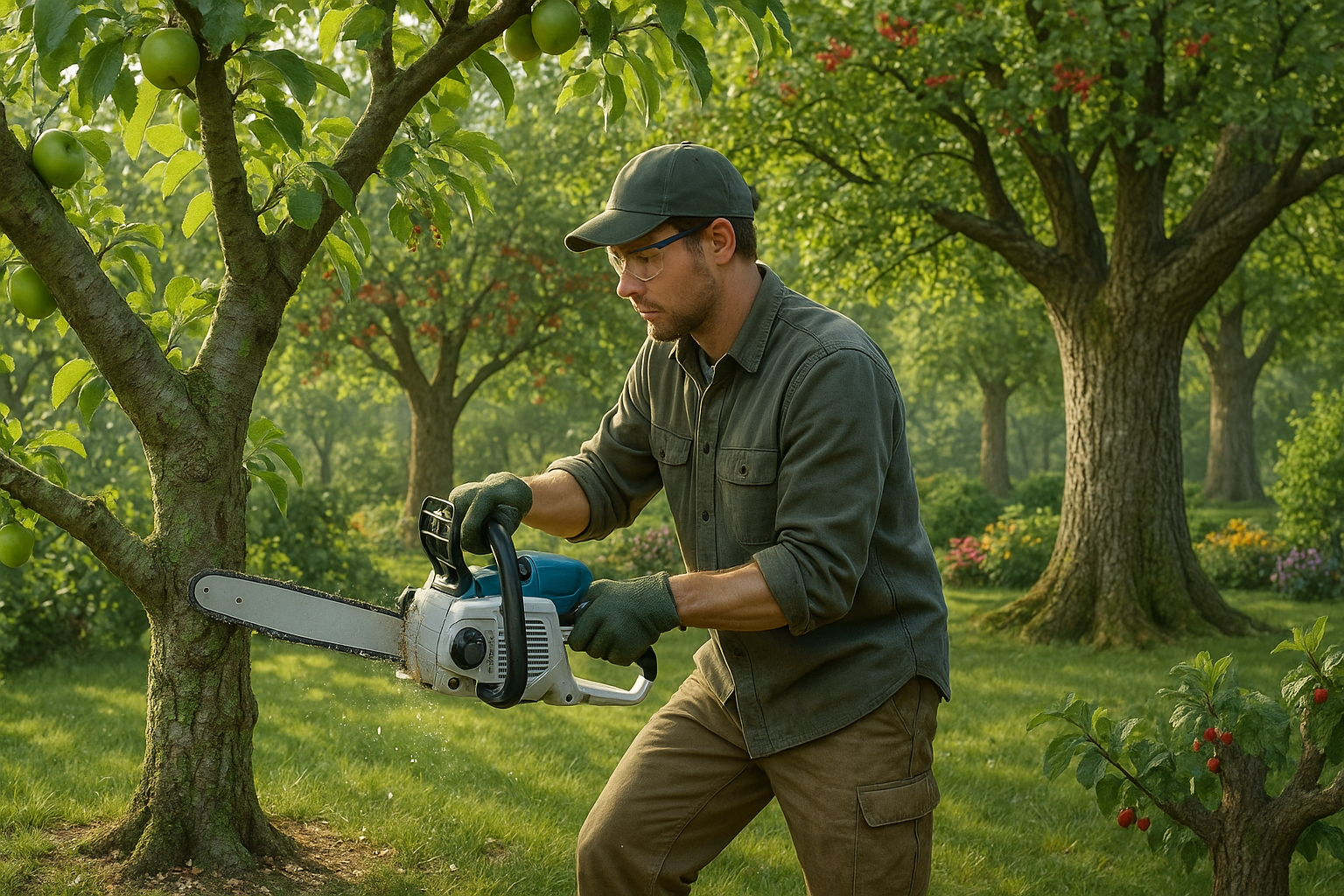 Садовая аккумуляторная цепная пила в работе на даче