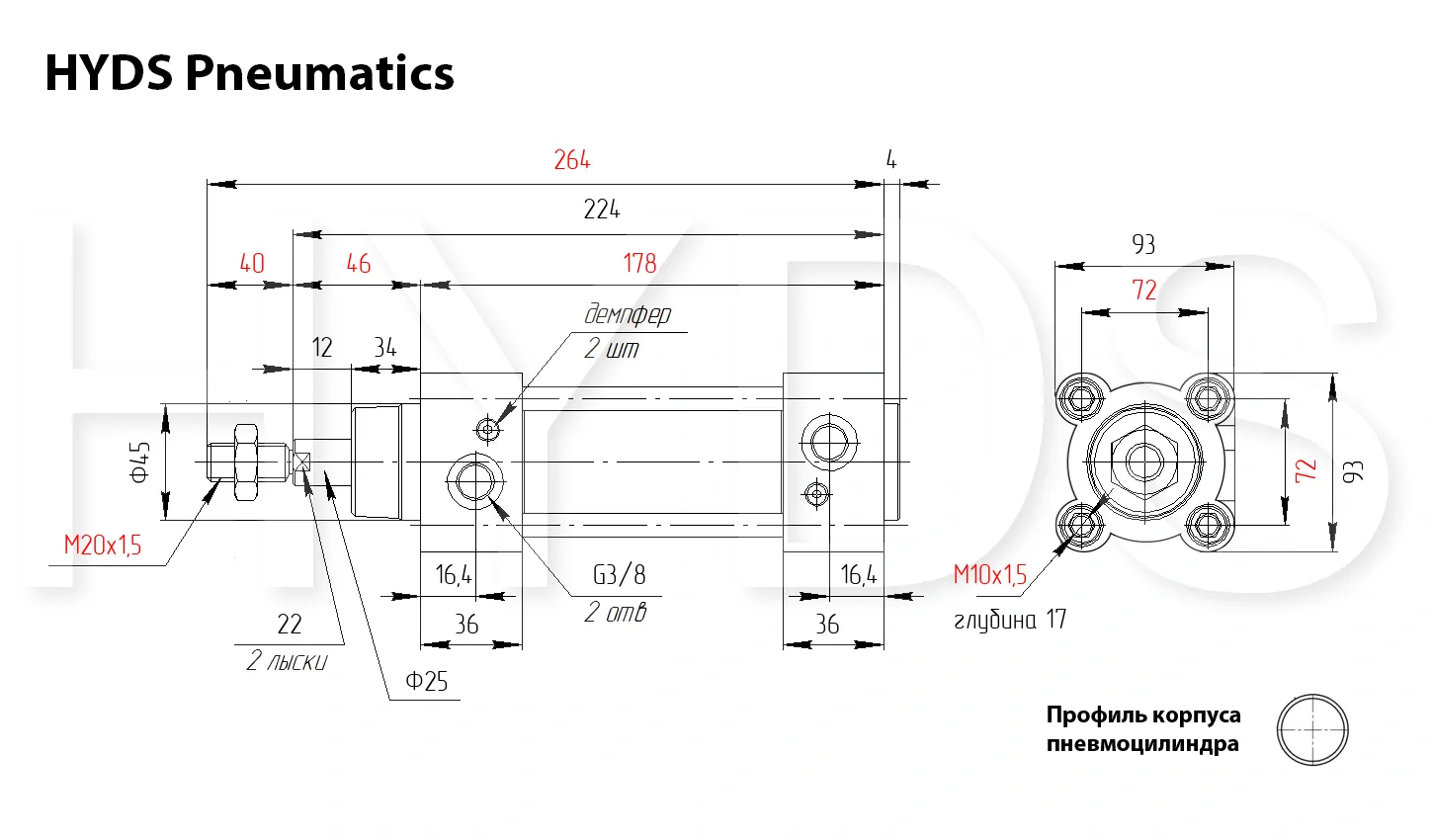 Размеры пневмоцилиндра C96SDB80-50C