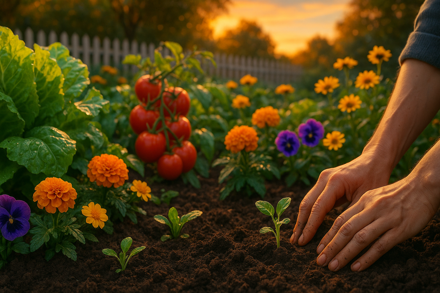 Грядки с овощами и садовые инструменты