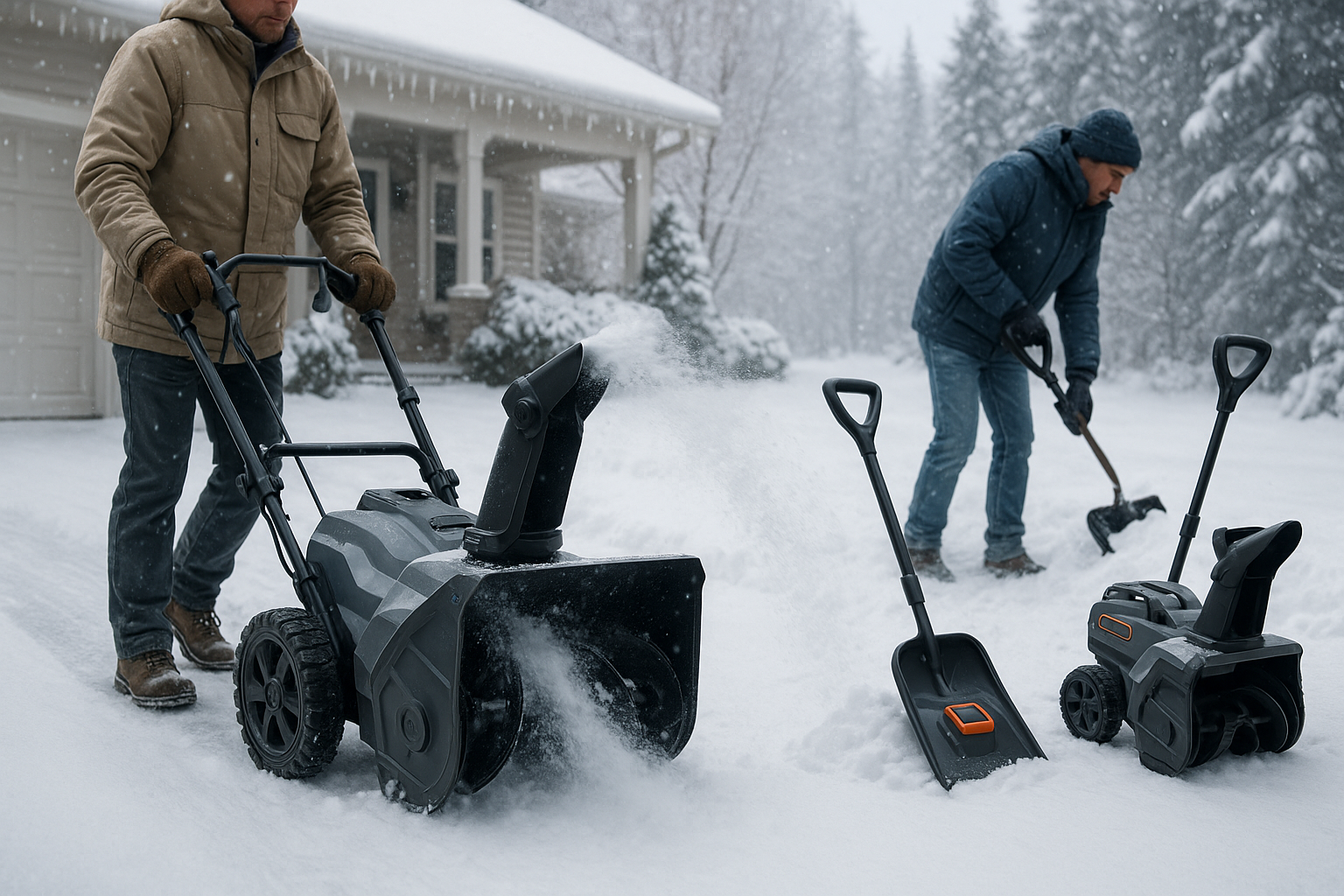 Электрический снегоуборщик с выбросом снега на зимнем участке