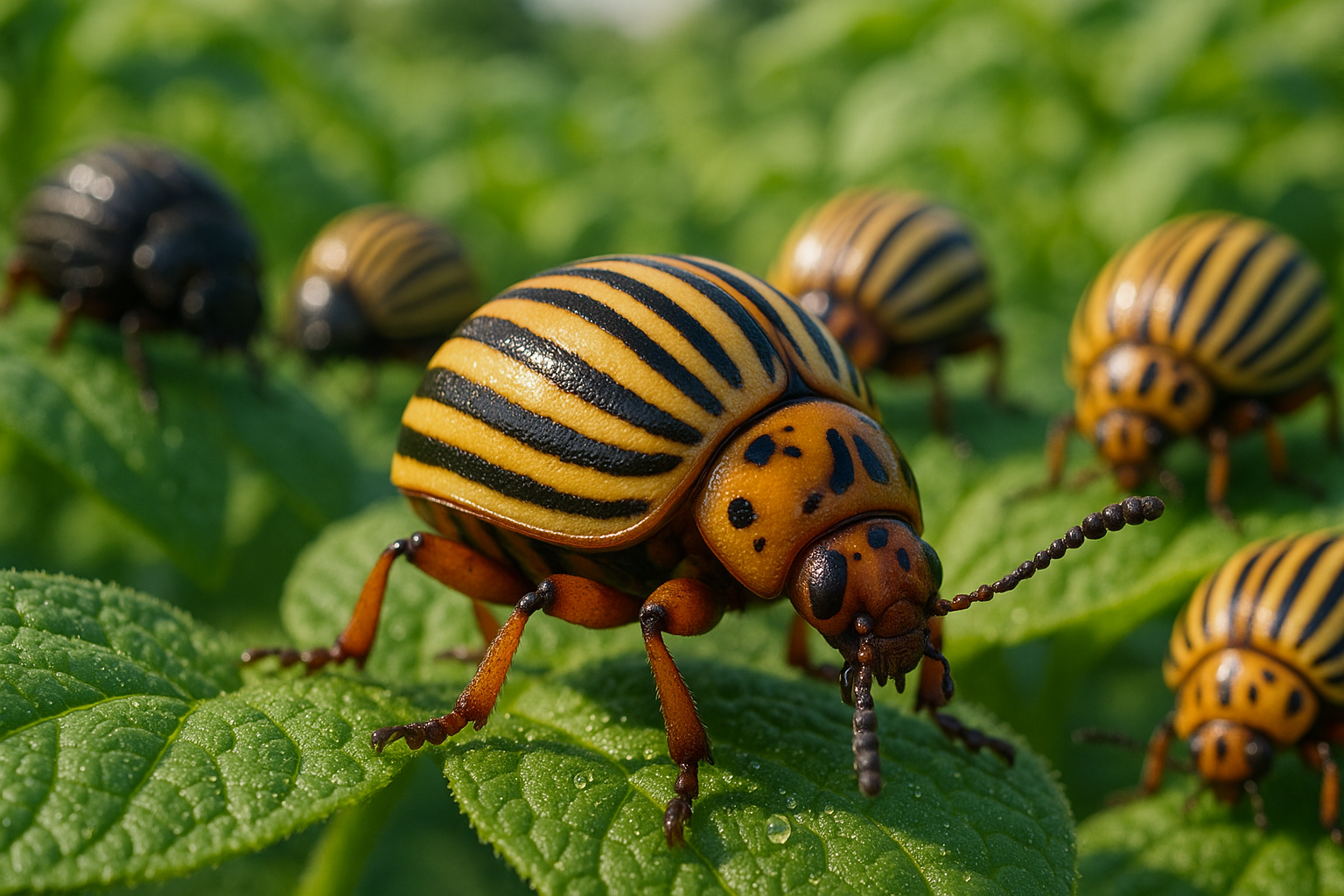 Колорадский жук на листе картофеля - желтое насекомое с черными полосками