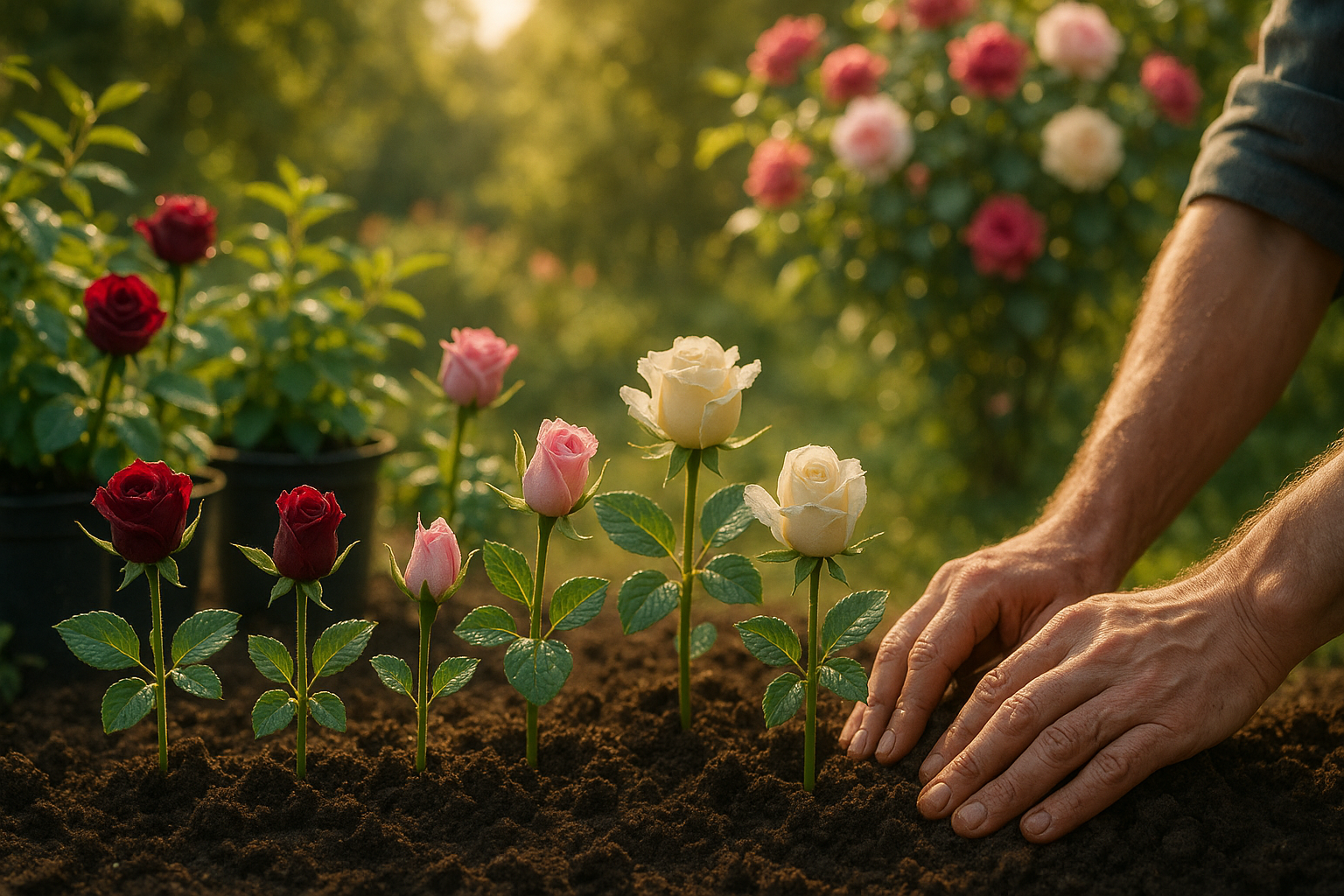 Молодые саженцы роз на рассаде в горшках, подготовленные для пересадки в открытую почву