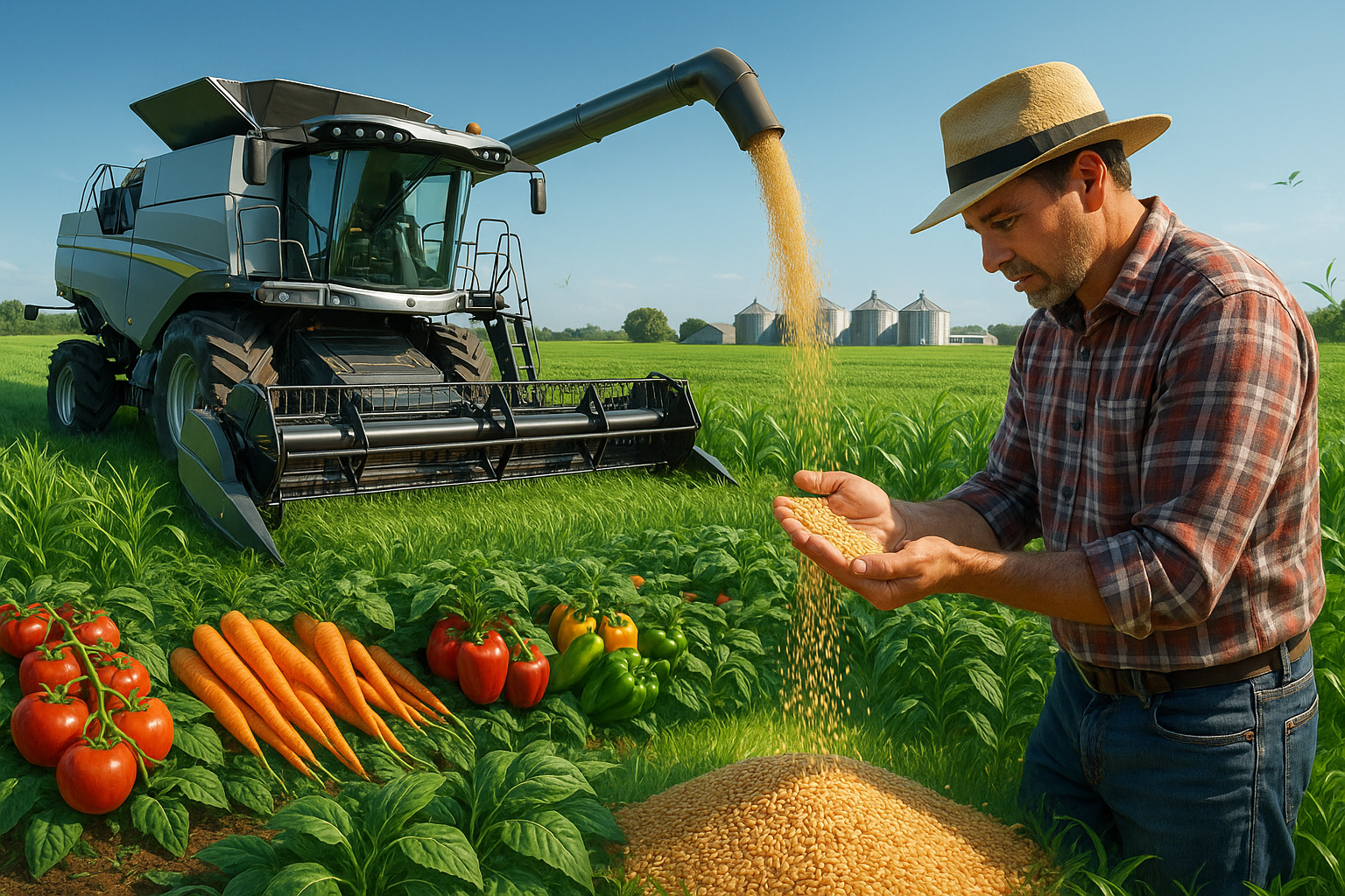 Поле с сельскохозяйственной техникой во время сбора урожая в 2025 году