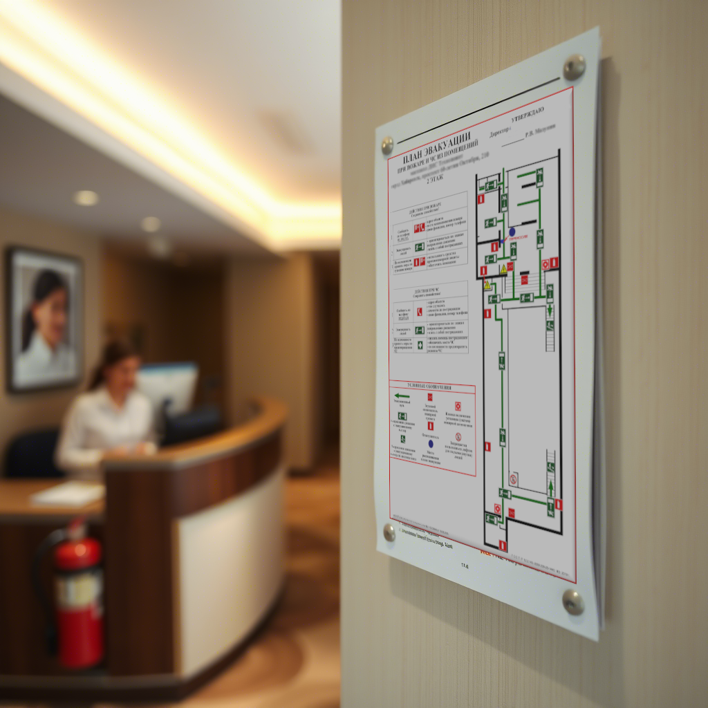 Схема эвакуации из спального корпуса санатория: два эвакуационных выхода, маршруты, зона ответственности санитаров, место сбора