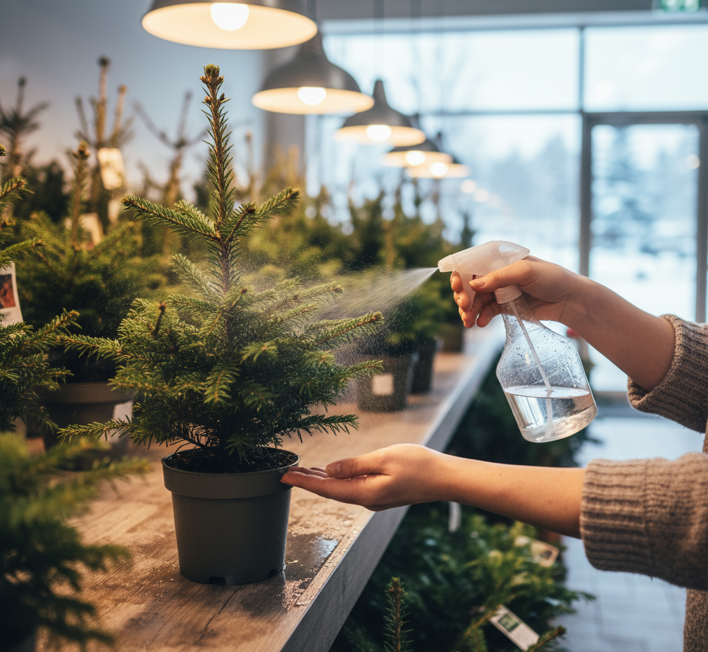 Руки человека, который бережно опрыскивает из пульверизатора маленькую ель в горшке, стоящем на влагостойкой полке зимой в торговом зале
