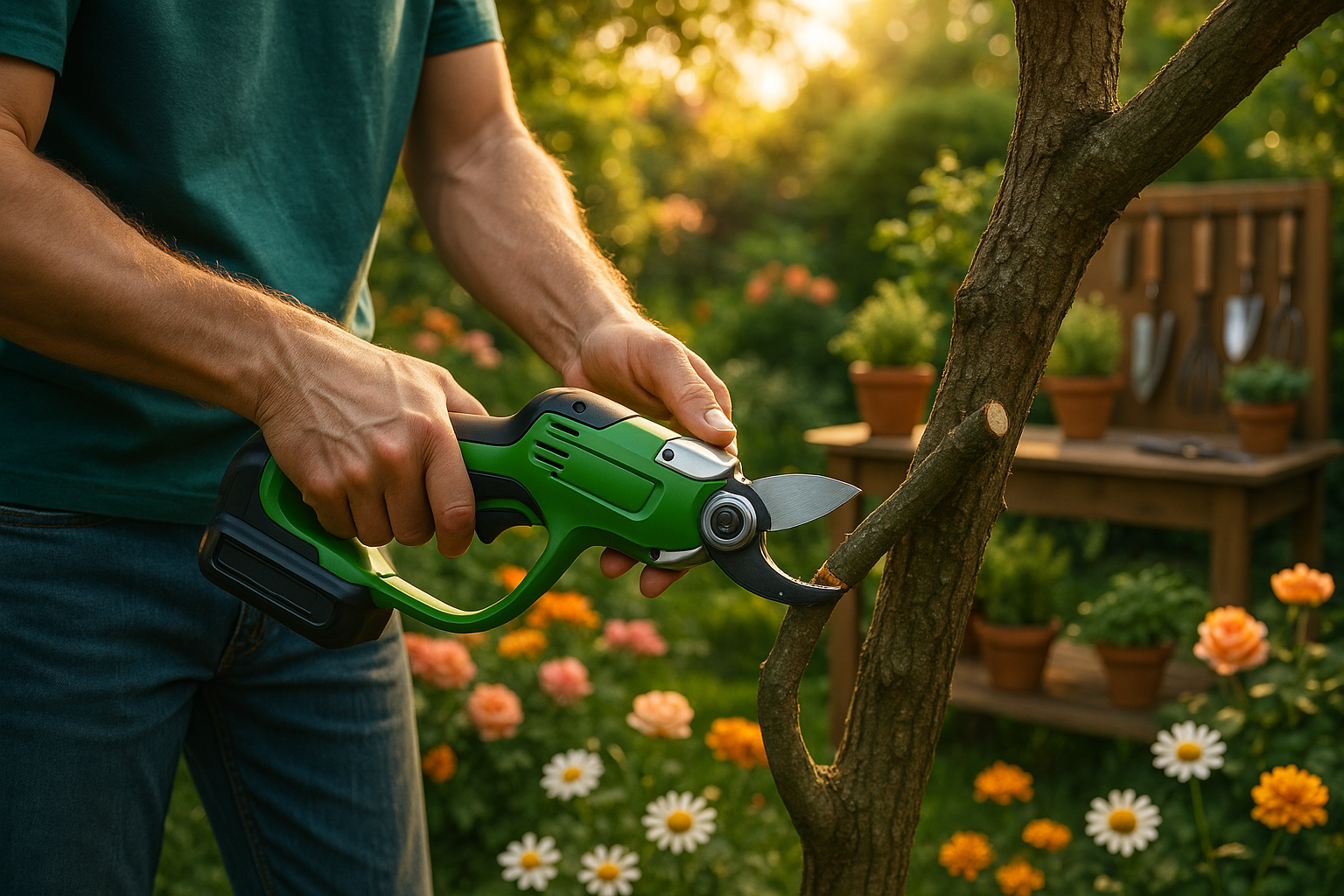 Садовая аккумуляторная цепная пила в работе на даче