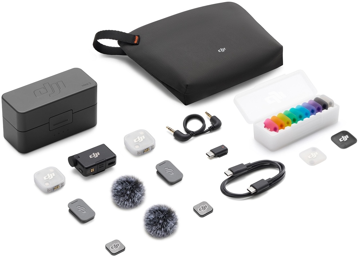 Комплектация DJI Mic Mini 2 (2 TX + 1 RX + Charging Case) Комплектация DJI Mic Mini 2 (2 TX + 1 RX + Charging Case)