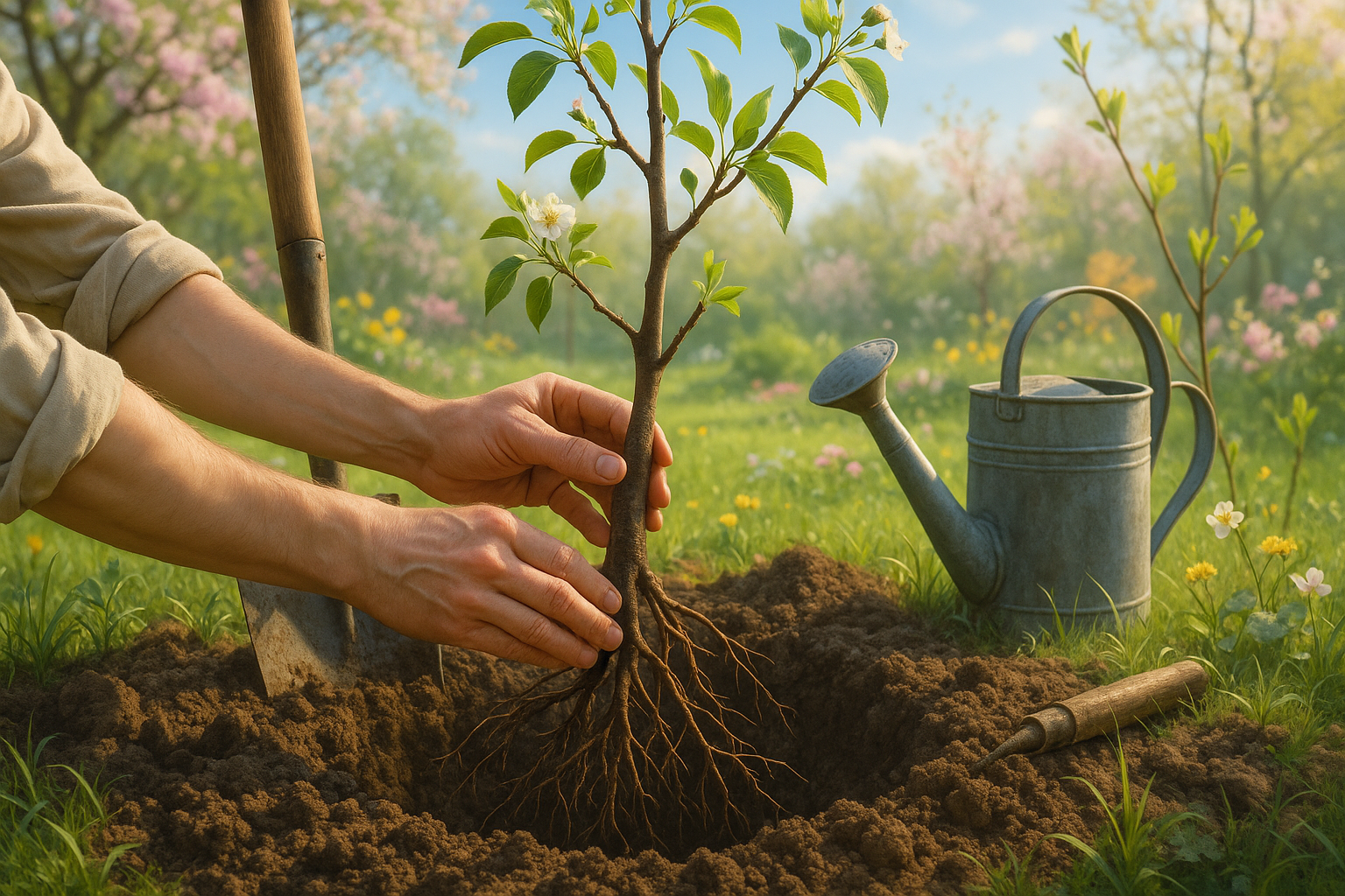 Весенняя посадка саженца груши — садовод устанавливает саженец в подготовленную посадочную яму с колом и мульчей