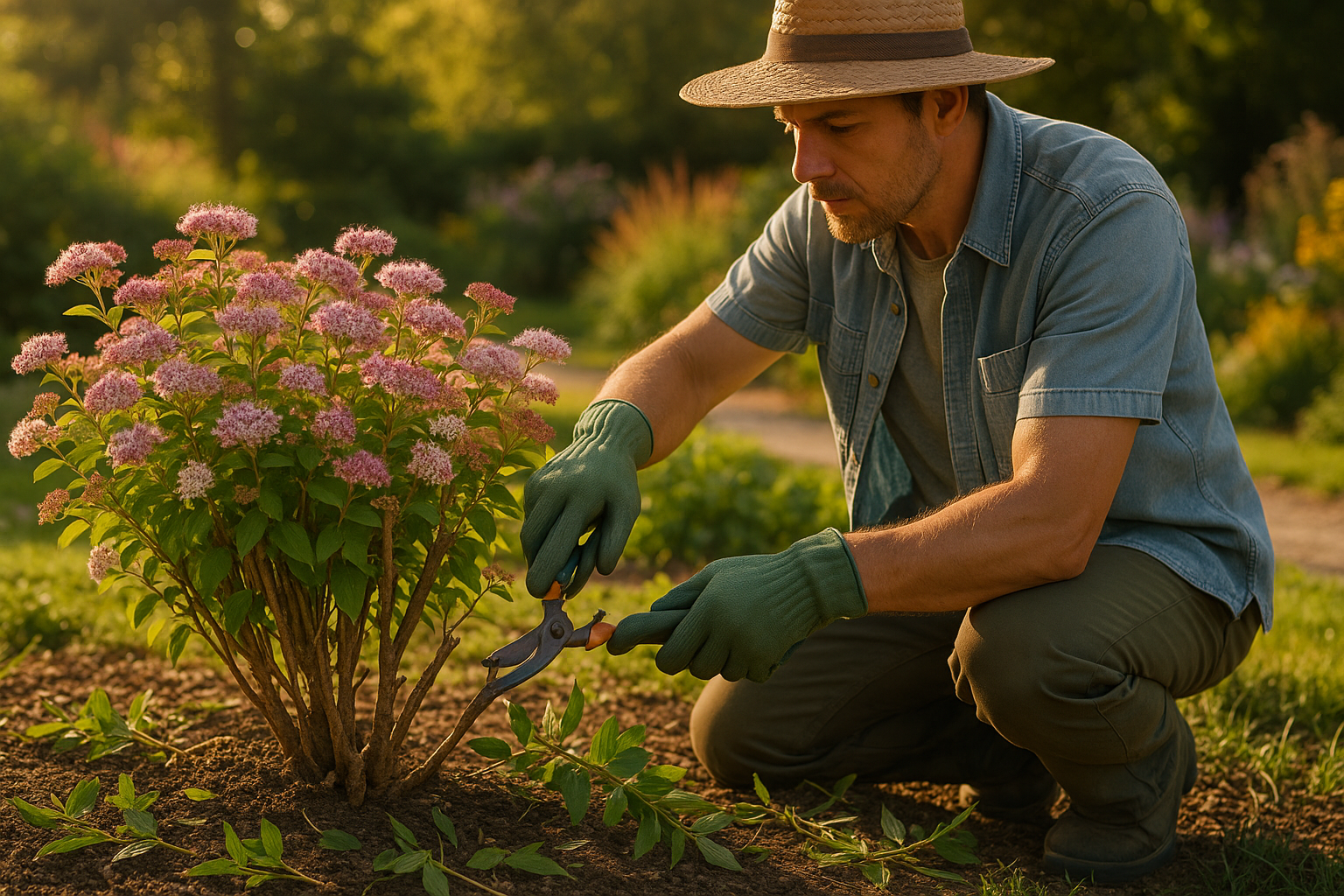 Омолаживающая обрезка кустарников с использованием секатора и сучкореза в весенний период