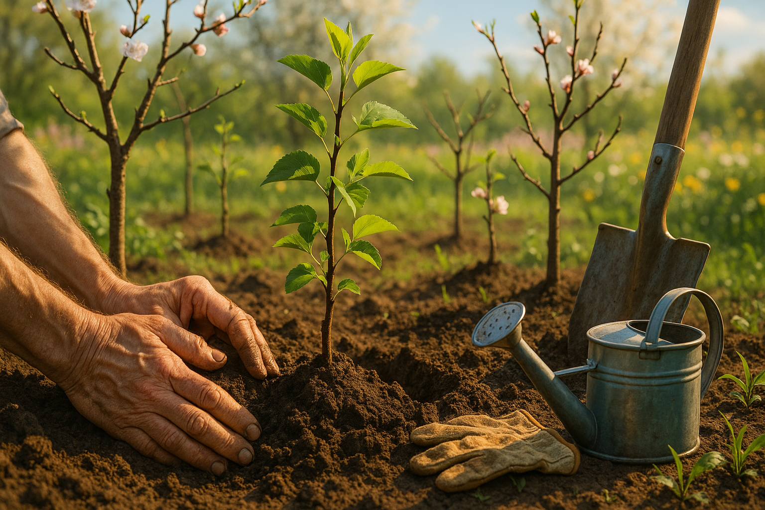 Весенняя посадка саженца груши — садовод устанавливает саженец в подготовленную посадочную яму с колом и мульчей