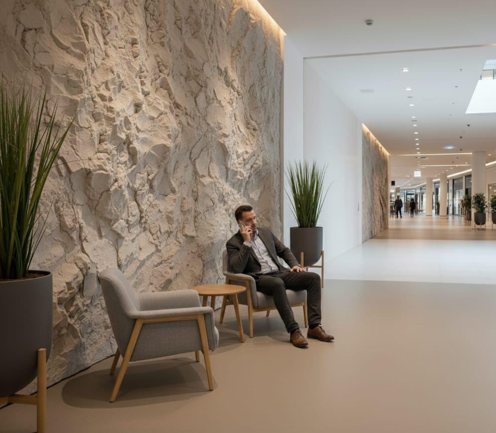 Отделка стены в торговом центре: декоративная штукатурка под белый камень (скала из арт-бетона) в интерьере общественных пространств