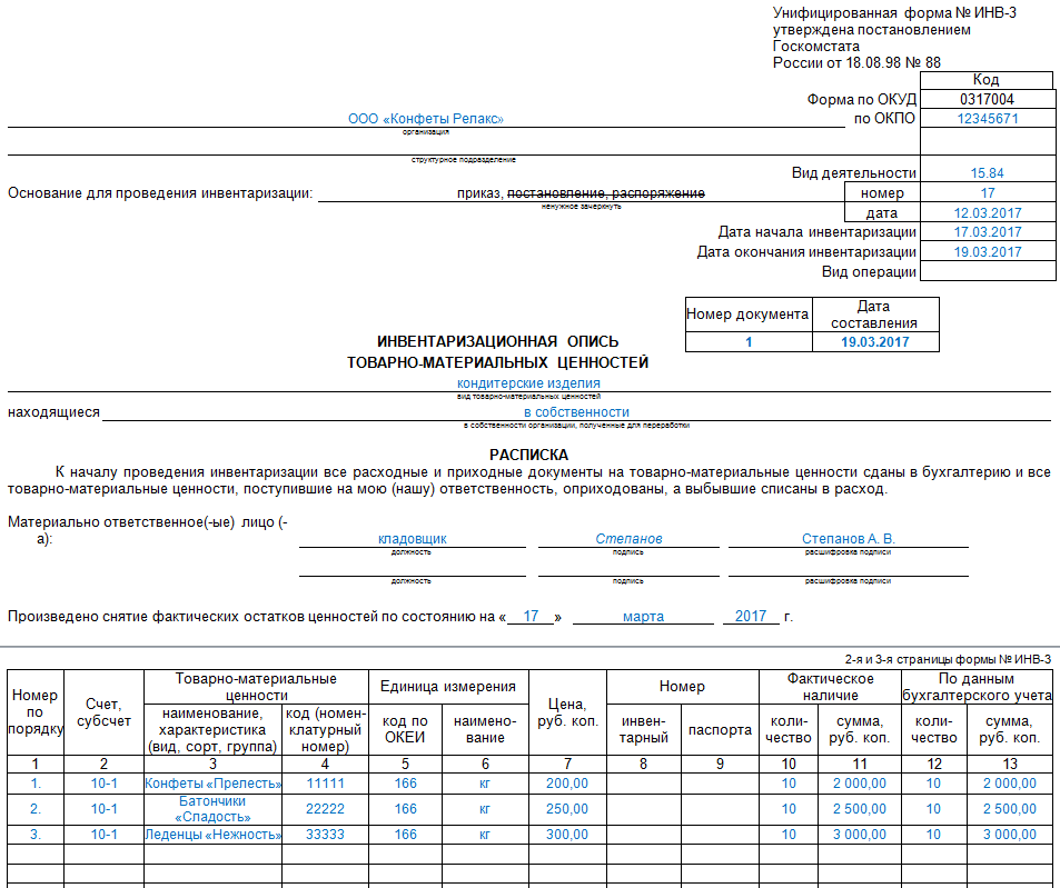 Акт остатков товара на складе образец