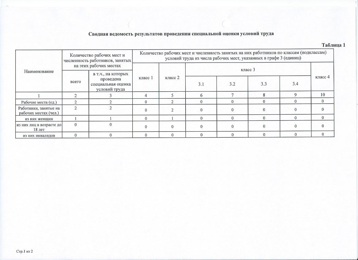 Сводная ведомость результатов проведения специальной оценки условий труда 1