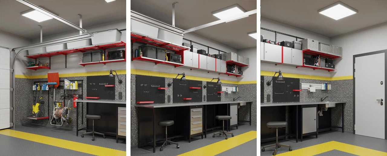 Гараж, превращённый в мастерскую с модульной системой хранения IF для инструментов и материалов