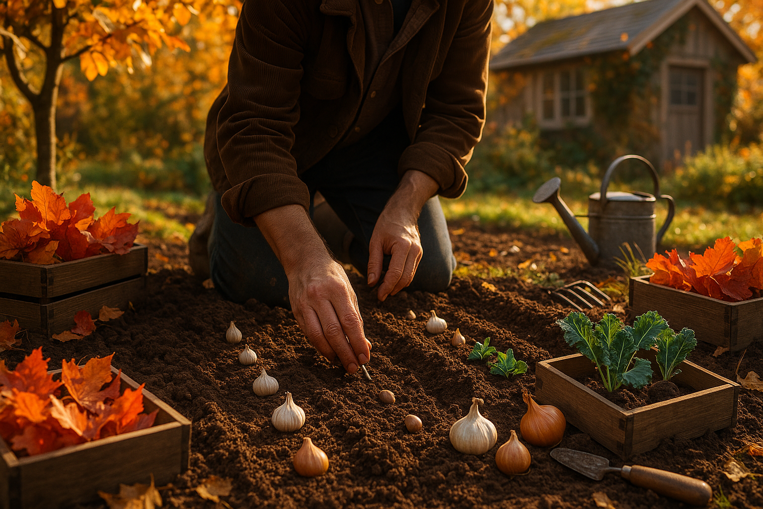 Огород подготовленный к зимнему периоду с рыхлой почвой и укрытыми грядками