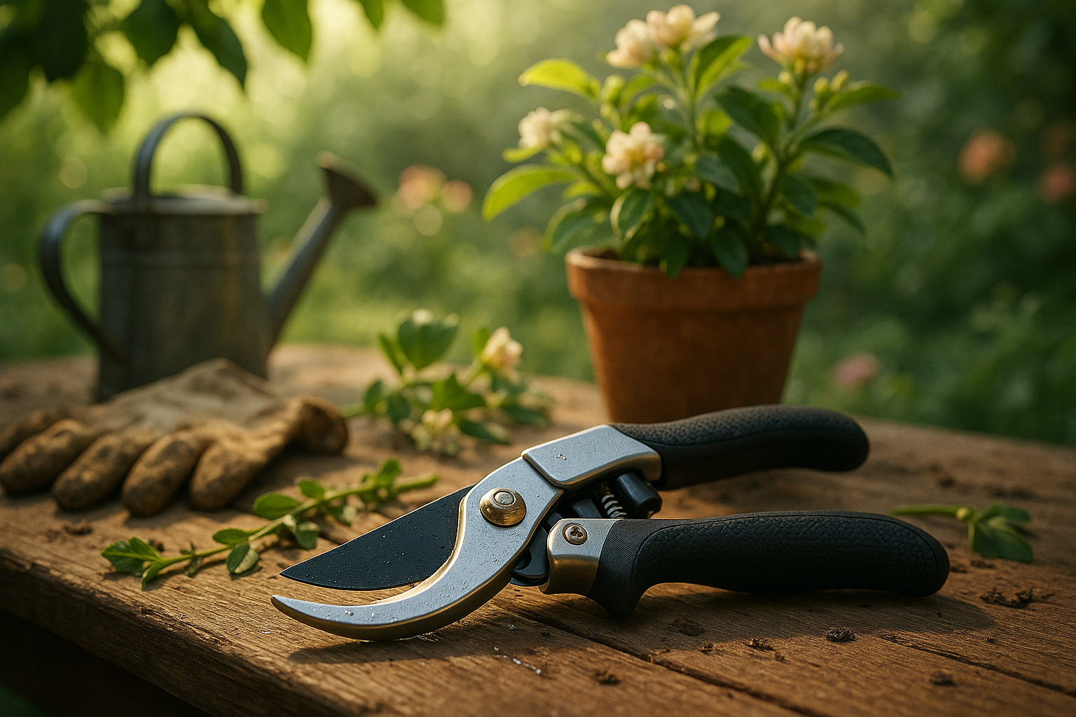 Секатор с храповым механизмом на фоне веток, демонстрирующий удобство и эффективность использования при обрезке деревьев