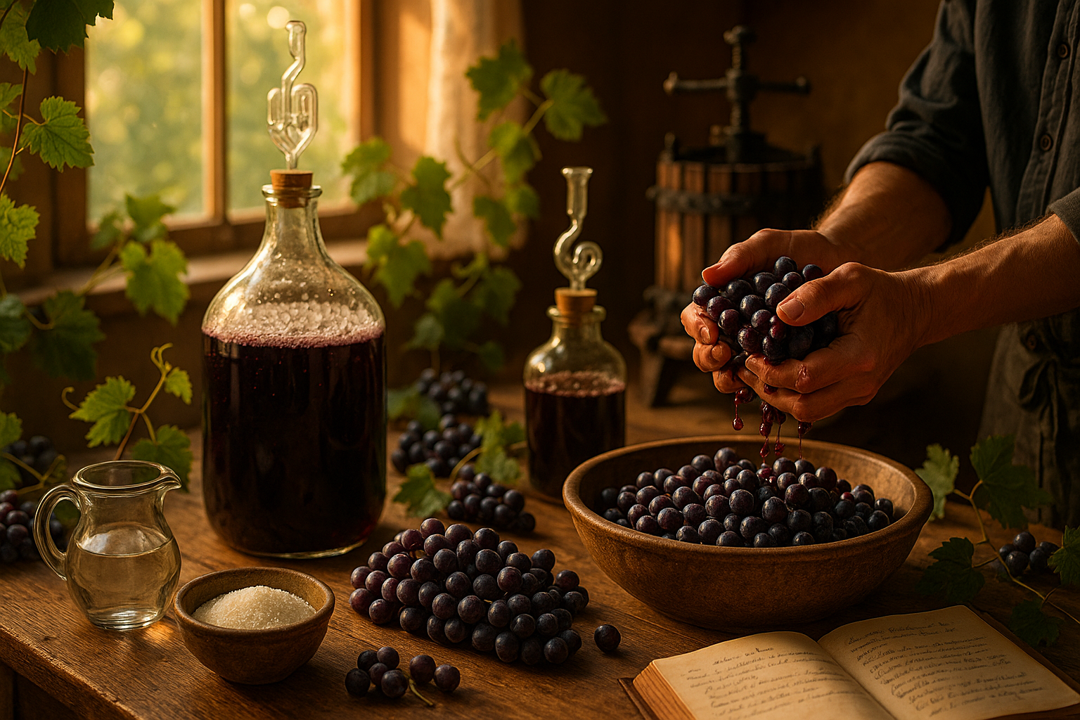 Процесс приготовления домашнего вина из темного винограда Изабелла в стеклянных банках с марлей для брожения