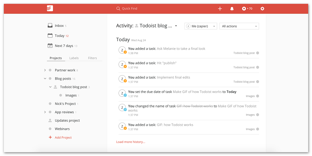 Главное окно Todoist