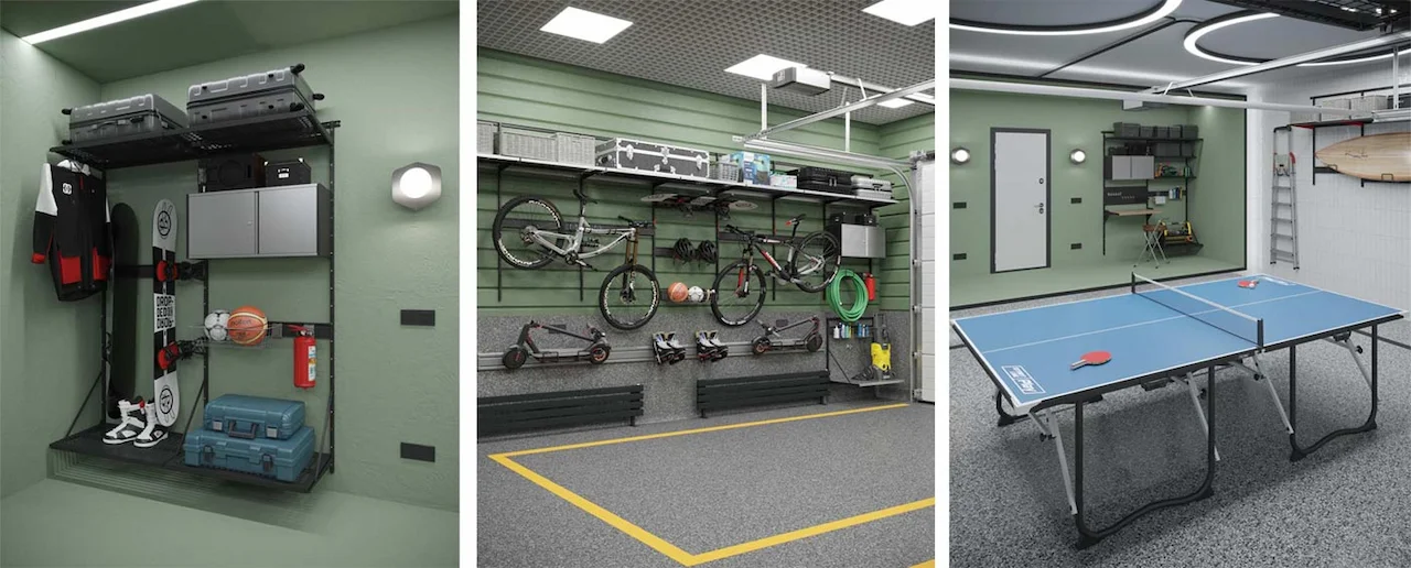 Гараж, преобразованный в игровую комнату с организацией игрушек и зоны отдыха с системой IF