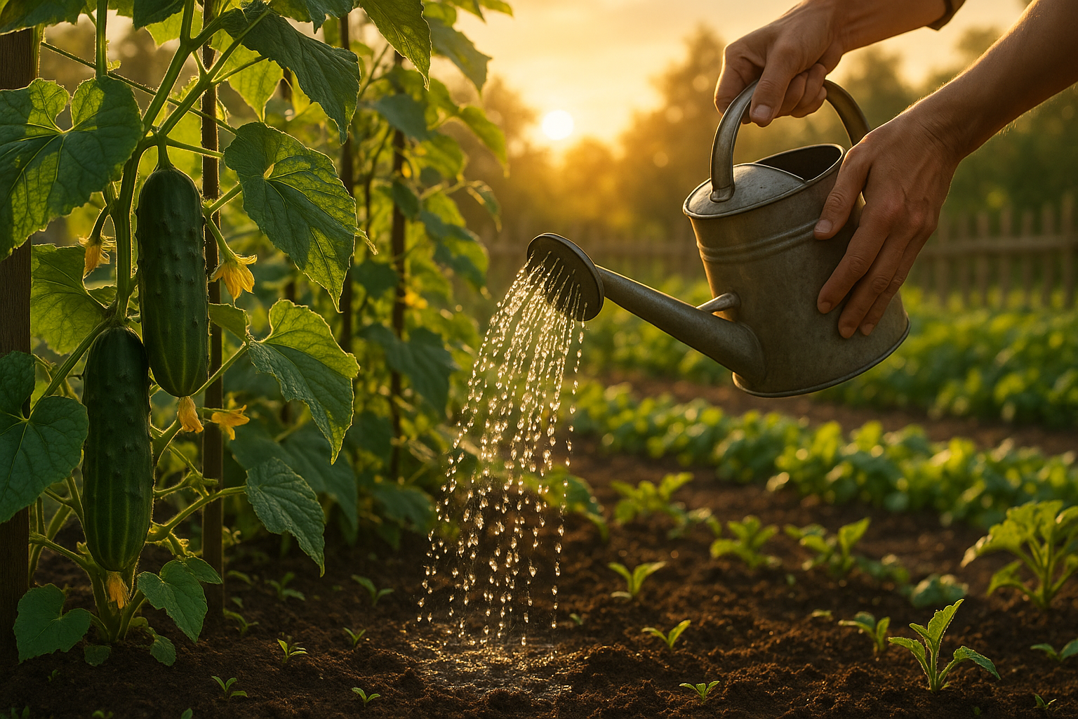 Полив огурцов в открытом грунте утром — здоровые зеленые кусты огурцов на грядке