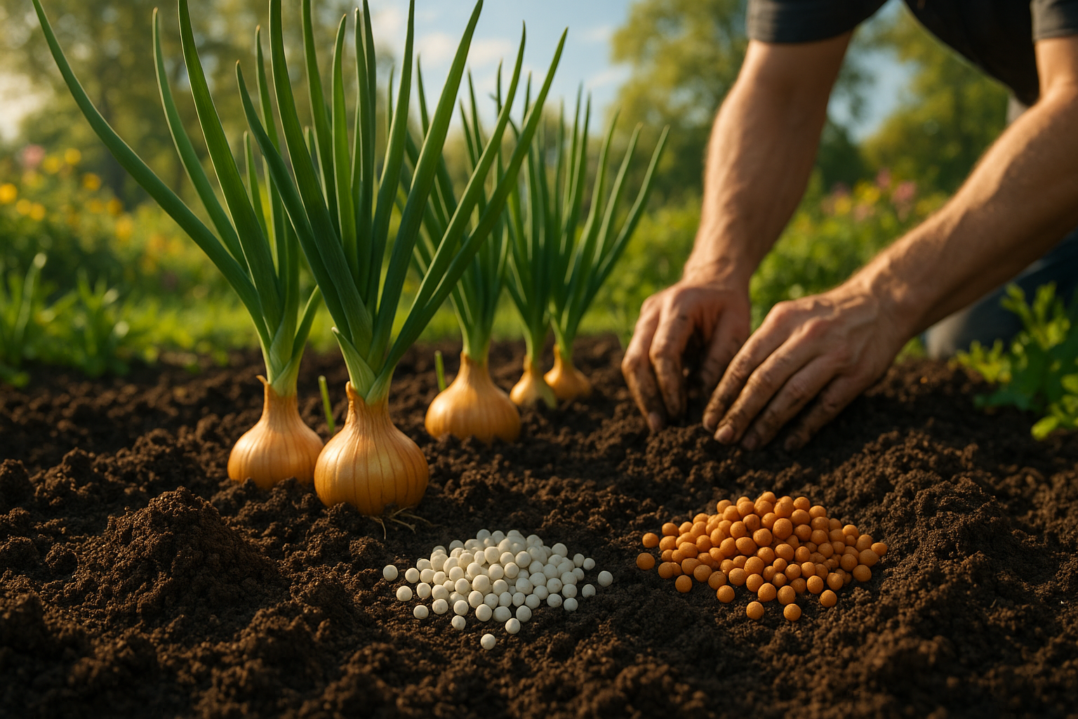 Луковая грядка и процесс подкормки аммиачной селитрой для роста и урожайности