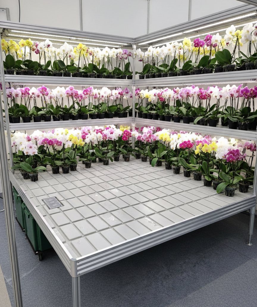 Орхидеи на пластиковом поддоне в стеллаже от Витрины роста спроектировано индивидуально для садового центра или цветочного магазина