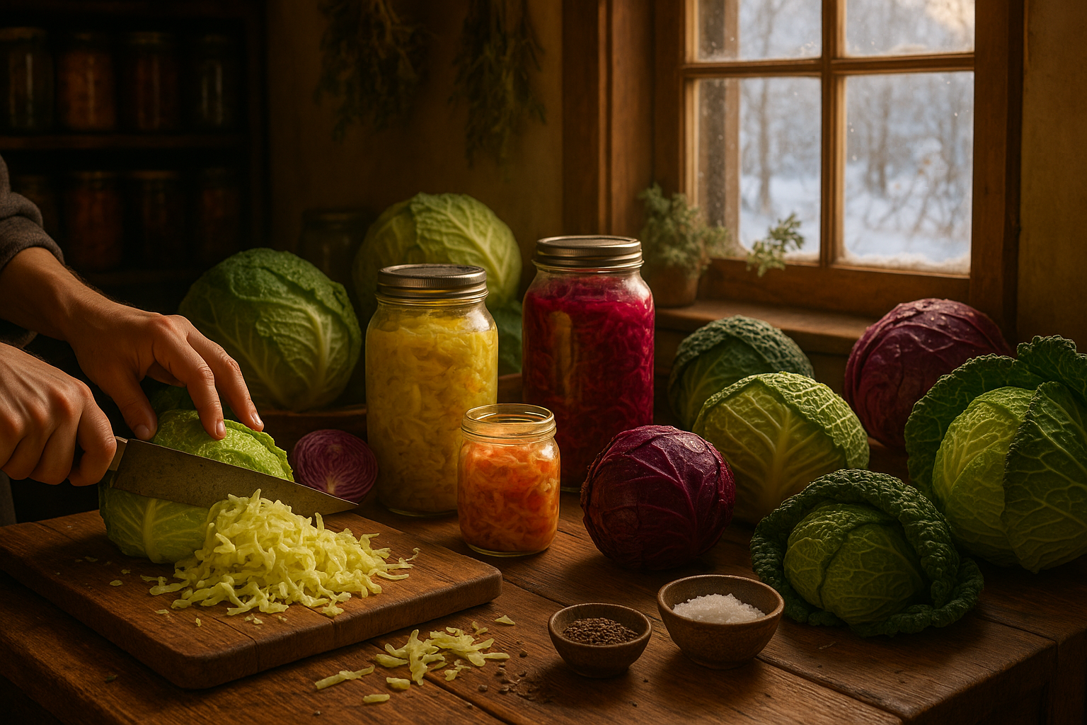 Свежие кочаны капусты, аккуратно уложенные в деревянный ящик, обернутые в пищевую пленку для зимнего хранения