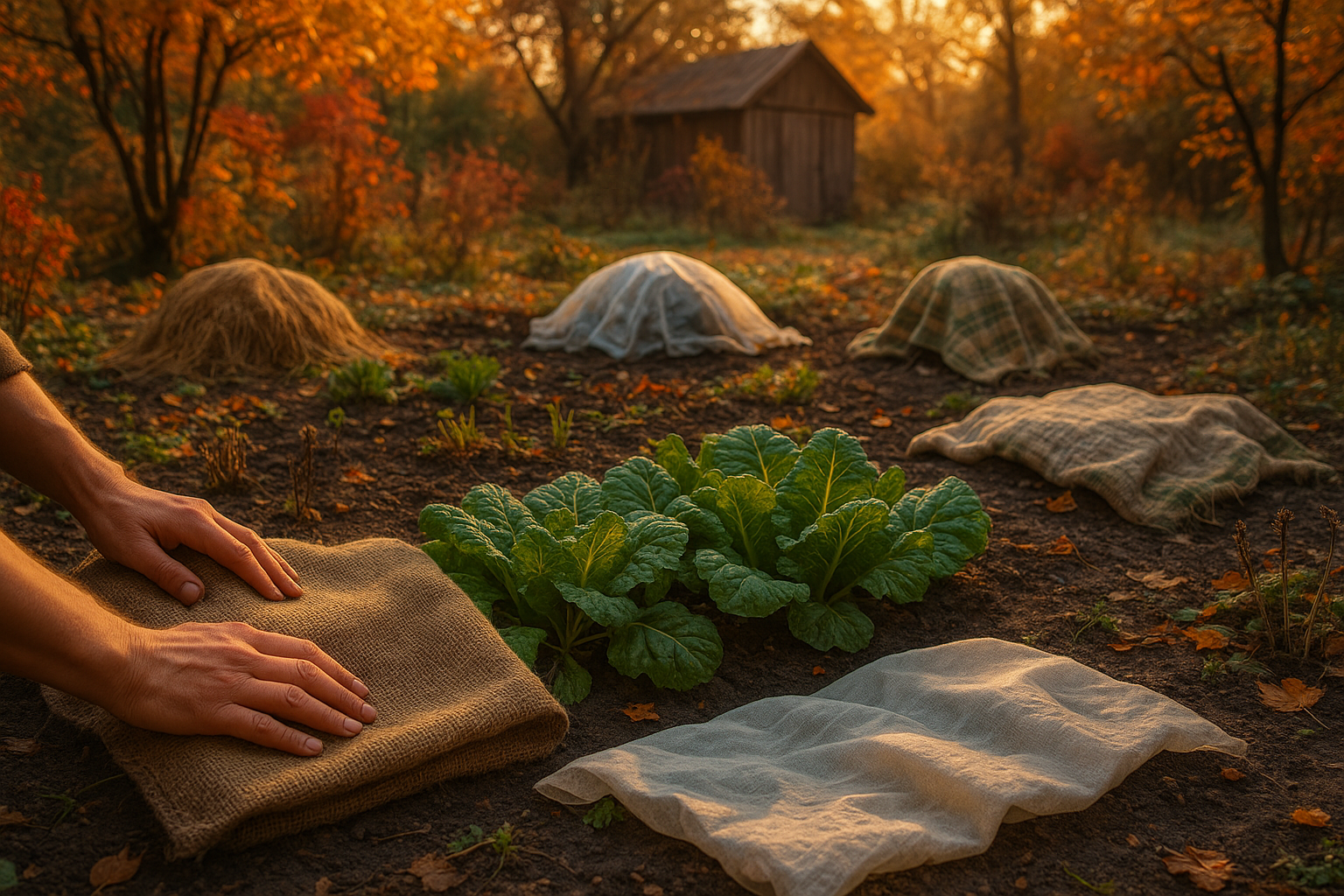Укрытие кустарников и деревьев на зиму с использованием спанбонда и мульчи для защиты от мороза