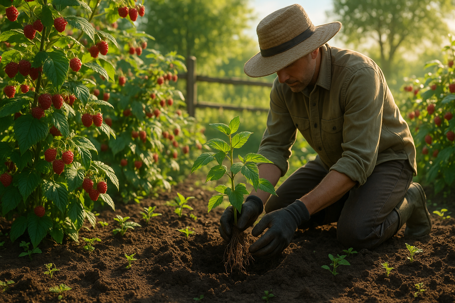 Молодая рассада малины после посадки с мульчированной почвой и укрытием для защиты