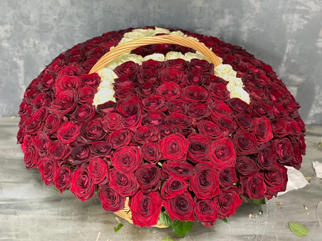 Траурная корзина из 250 красных роз с буквой "А"