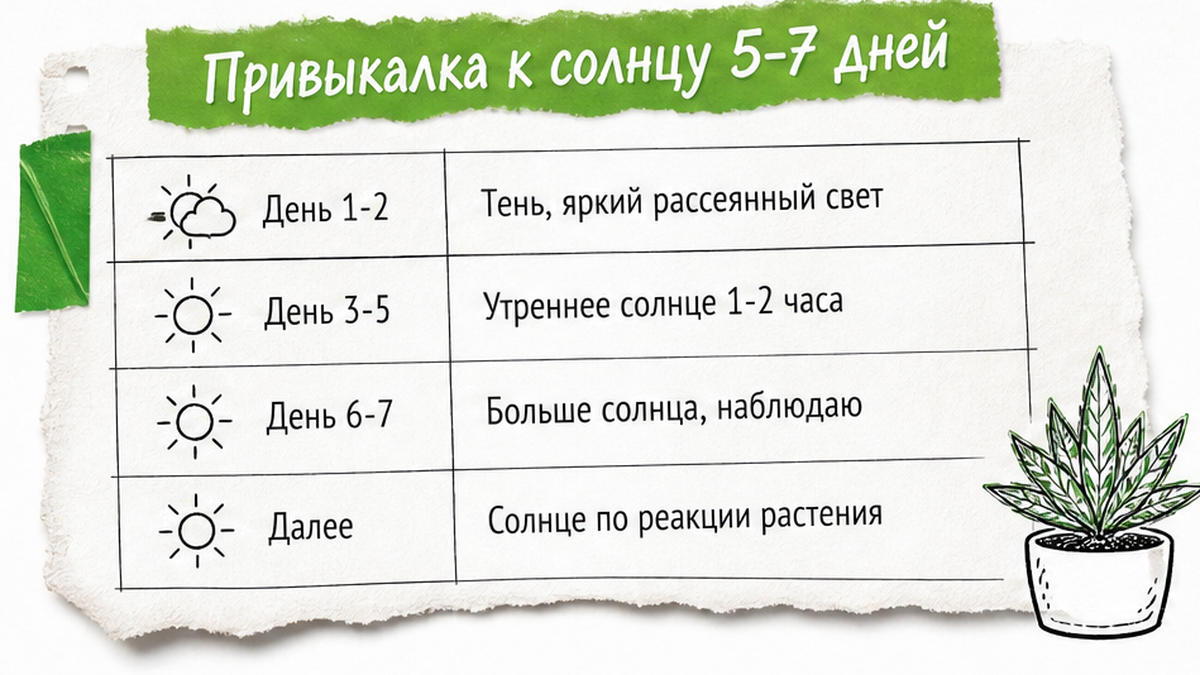 Таблица привыкания суккулентов к солнцу за 5-7 дней