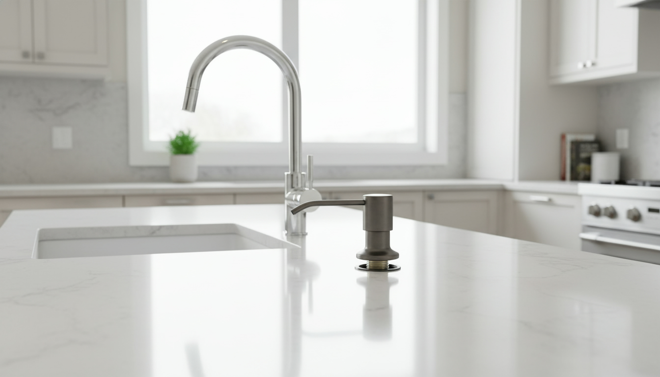 Элегантный врезной дозатор в интерьере современной кухни с акцентом на гармоничное сочетание со смесителем