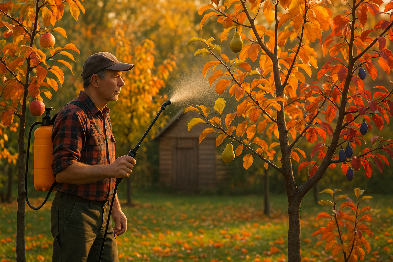 Опрыскивание фруктового дерева осенью &ndash; обработка ветвей садовым опрыскивателем для защиты от вредителей и болезней
